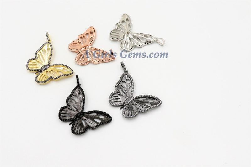 CZ Micro Pave Butterfly Pendant, 30 x 41 mm, Large Butterflies Enamel, Flying Monarch Rose, Gold, Black, Silver