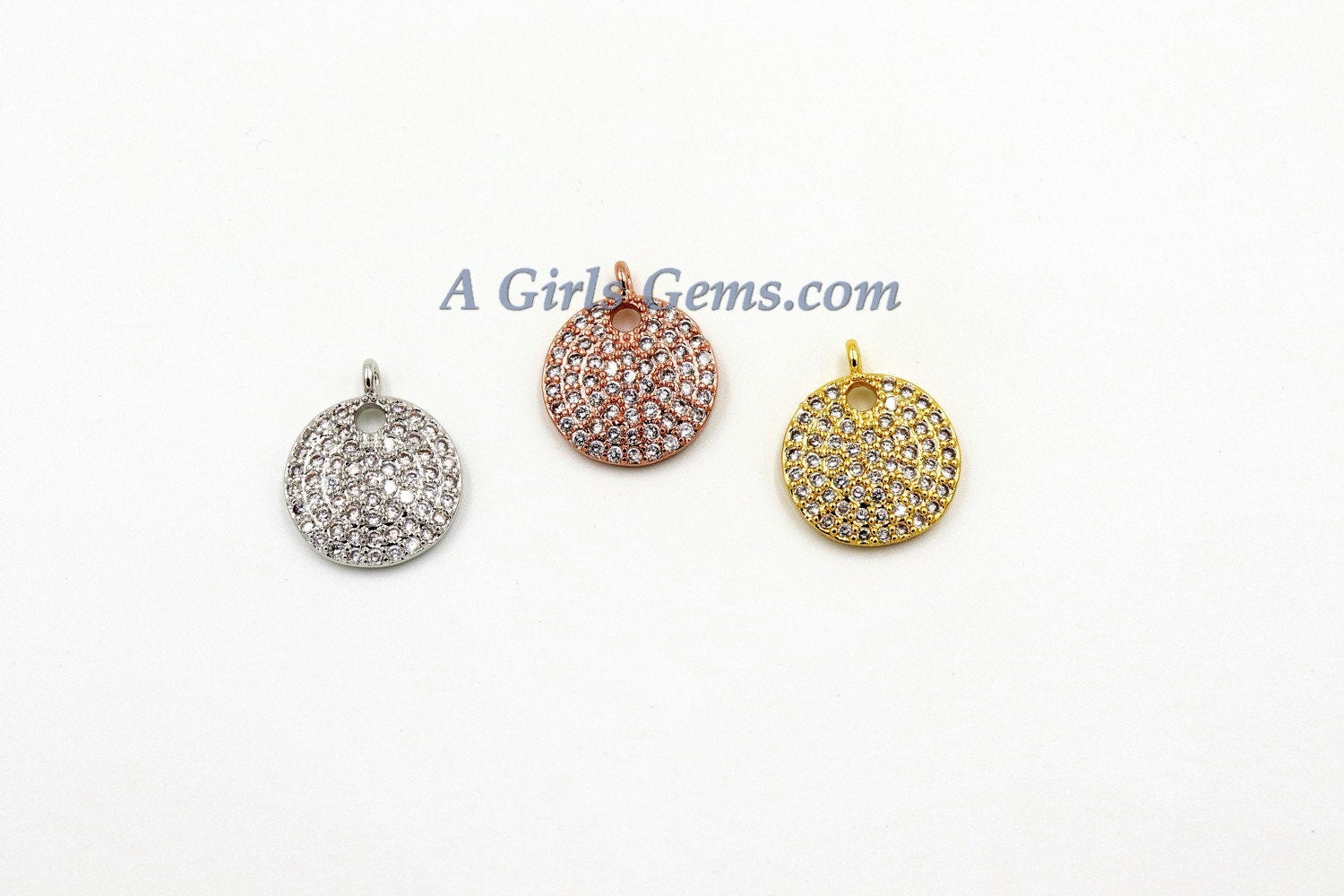 Round Disc Pendant, CZ Micro Pave Charms 13 x 15 mm 18 K Rose, Gold