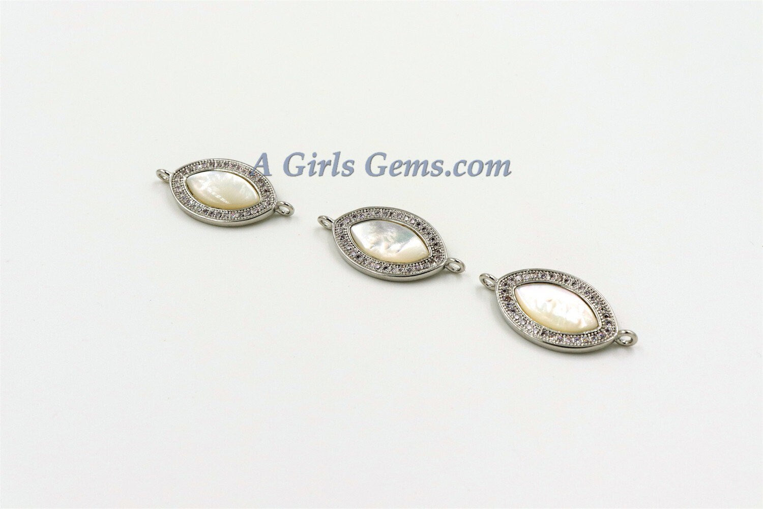 CZ Micro Pave Pearl Connectors, Mother of Pearl Silver Evil Eye Charm #74, 14 x 24 mm Silver Pearl Charm Beads/CZ Necklace Connector charm