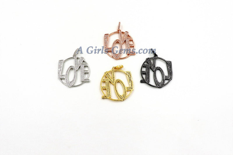 CZ Love Charms, CZ Large Round Bracelet Jewelry Pendants, Cubic Zirconia LOVE for Necklace, 18 k Rose/Silver/Gold or Black Rhodium Plated - A Girls Gems