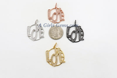 CZ Love Charms, CZ Large Round Bracelet Jewelry Pendants, Cubic Zirconia LOVE for Necklace, 18 k Rose/Silver/Gold or Black Rhodium Plated - A Girls Gems