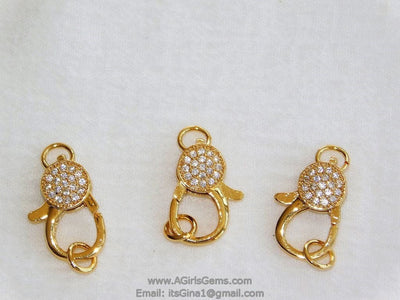Small Gold Lobster Claw Clasp, 13 mm x 25 mm Connector bead #37, Cubic Zirconia Paved CZ Findings