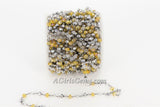 Clear Crystal Rosary Chain, 6 mm Gold Beaded Black Wire Wrapped Chain CH #328, Multi Color Silver Bead Rosary Chain
