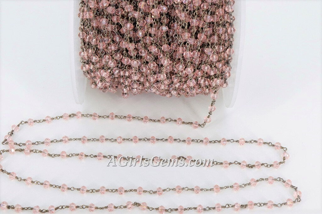 Pink Rosary Crystal Black Chain, 4 mm Rondelle Wire Wrapped CH #332, Religious Jewelry Chains