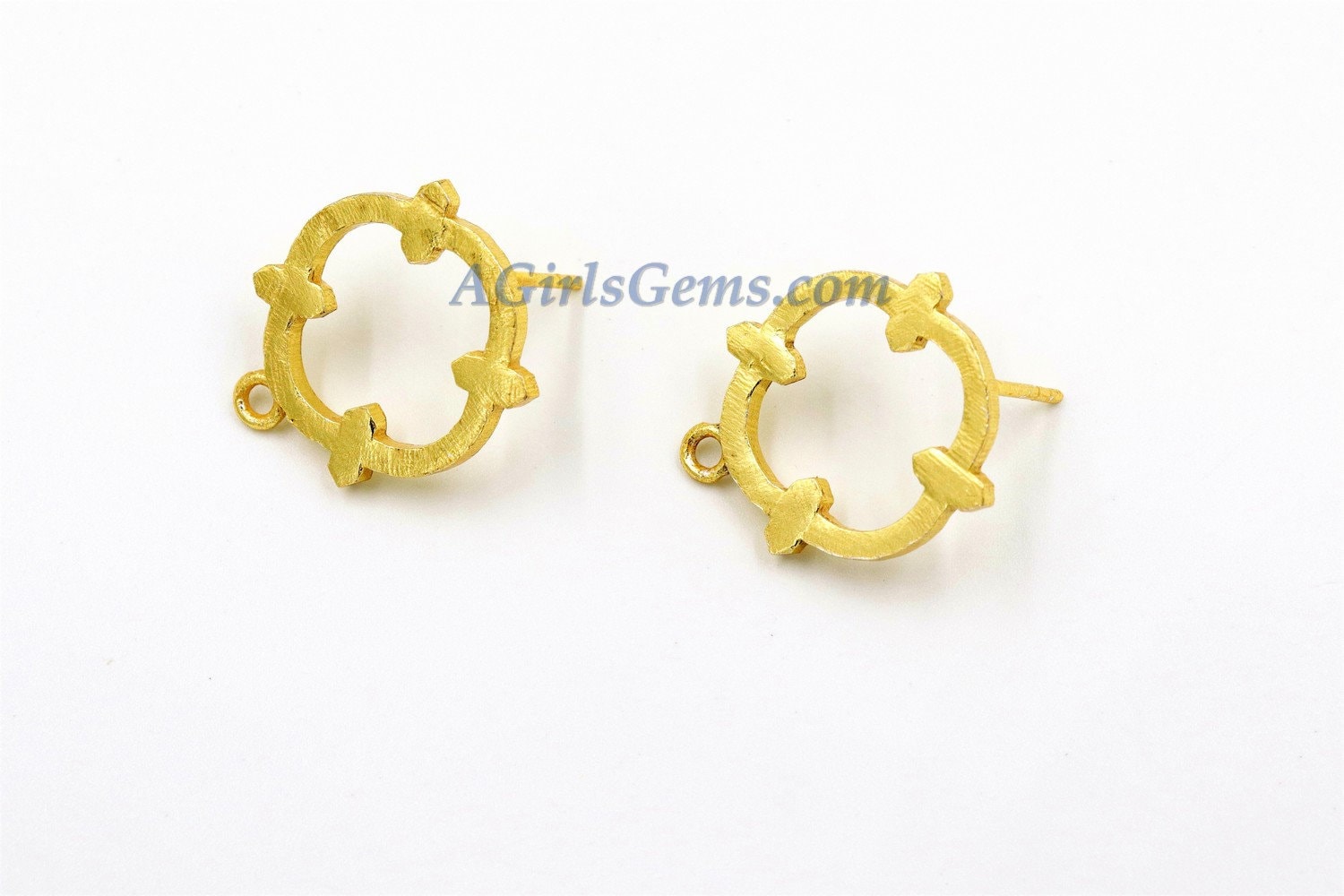 Brushed Gold Clover Quatrefoil Earrings, Closed Loop Cross Shape Stud Earring Findings #791, Matte Gold Earring studs, Jewelry Findings - A Girls Gems