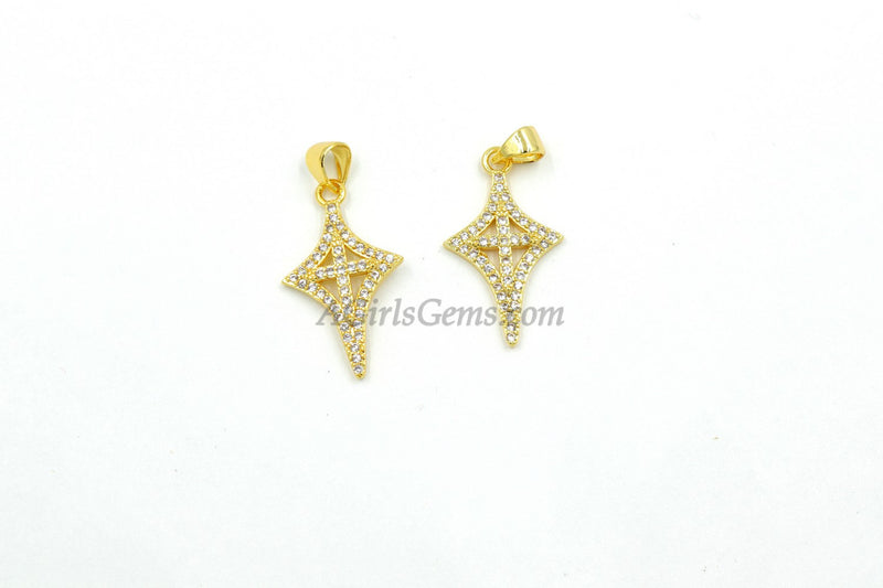 Micro Pave Cross Kite Charm CZ Pendant Bead, Cubic Zirconia Gold Plated Diamond Shape Charms - A Girls Gems