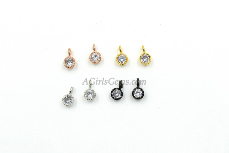 CZ Gold Solitaire Charms, 2 Pcs 4, 6 mm CZ Silver Solitaire Dangles, Black Cubic Zircon Link, Rose Gold Open Loop Dangle Charm Findings - A Girls Gems