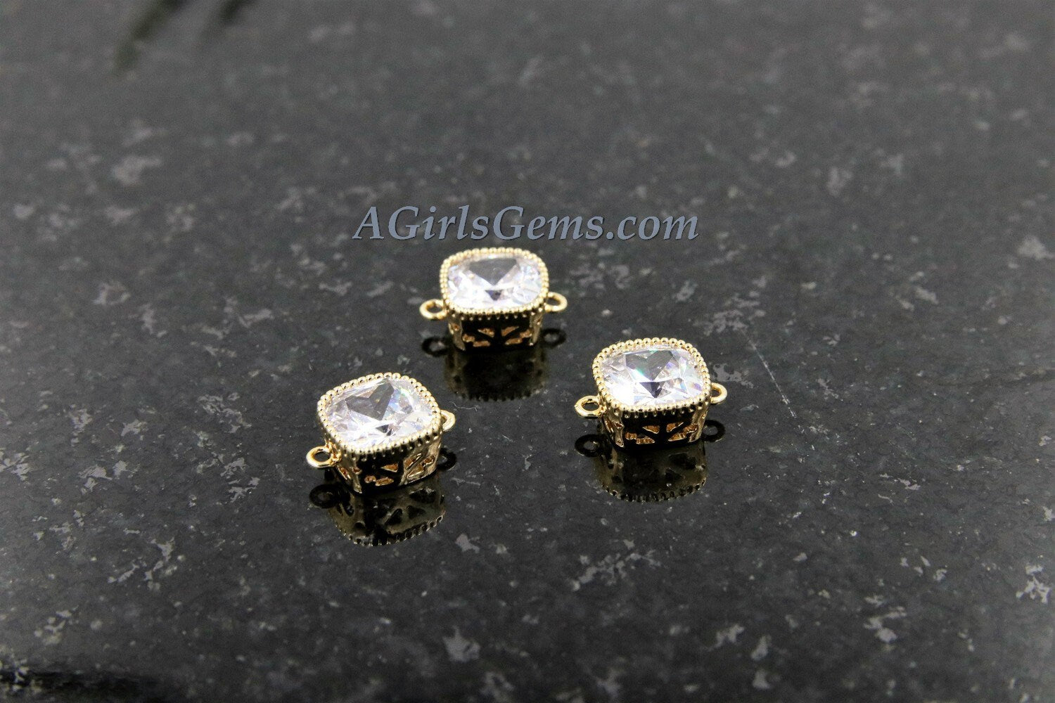 CZ Micro Pave Square Connectors or Charms #320, Cubic Zirconia Tiny Gold Filigree Bezel, 8 x 12 mm 2 Loops Earrings