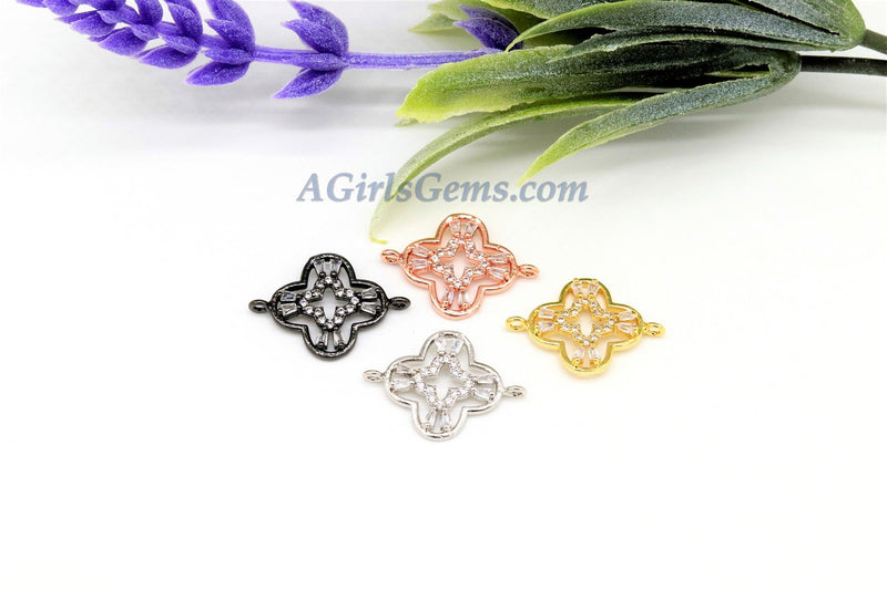 CZ Quatrefoil Connectors, Black Cubic Zirconia Pave, Fancy Baguette Bracelet Links, 15 x 21 mm - A Girls Gems