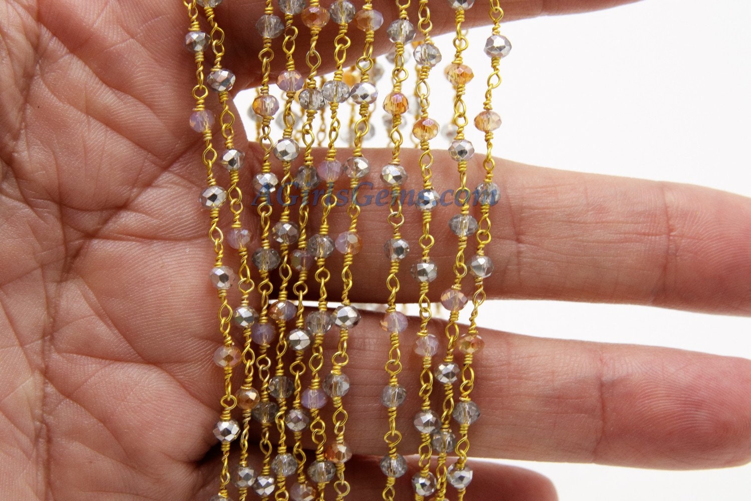 Pink Opal Rosary Chain, Clear Crystal, Gold AB