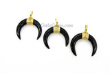Crescent Moon Charms/Obsidian Double Horn Black, #963, Medium Pendant/35 mm Gold Wire Horn Boho Pendant DIY Jewelry
