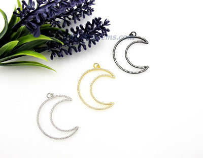 Moon Charm, Large CZ Micro Pave Charms, 42 x 45 mm Crescent Moon Crystal Charm, Gold/Silver/Black Necklace Connectors