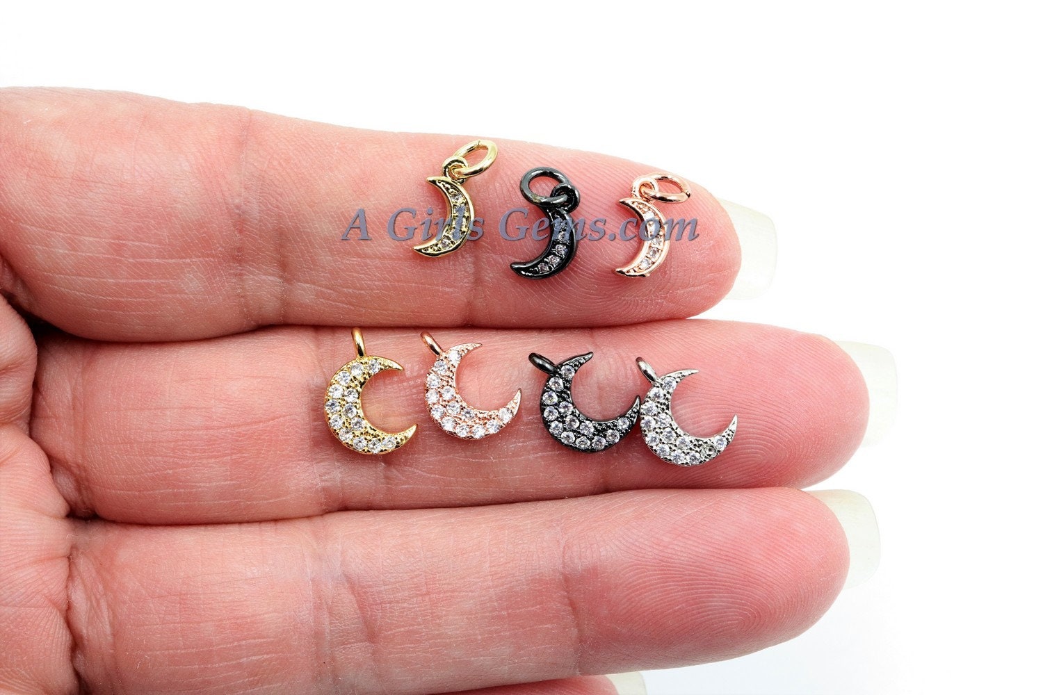CZ Tiny Crescent Moon Charm, 3 pcs Mini Moon Charms, Dainty CZ Moon, 8 x 10 mm #26 - A Girls Gems