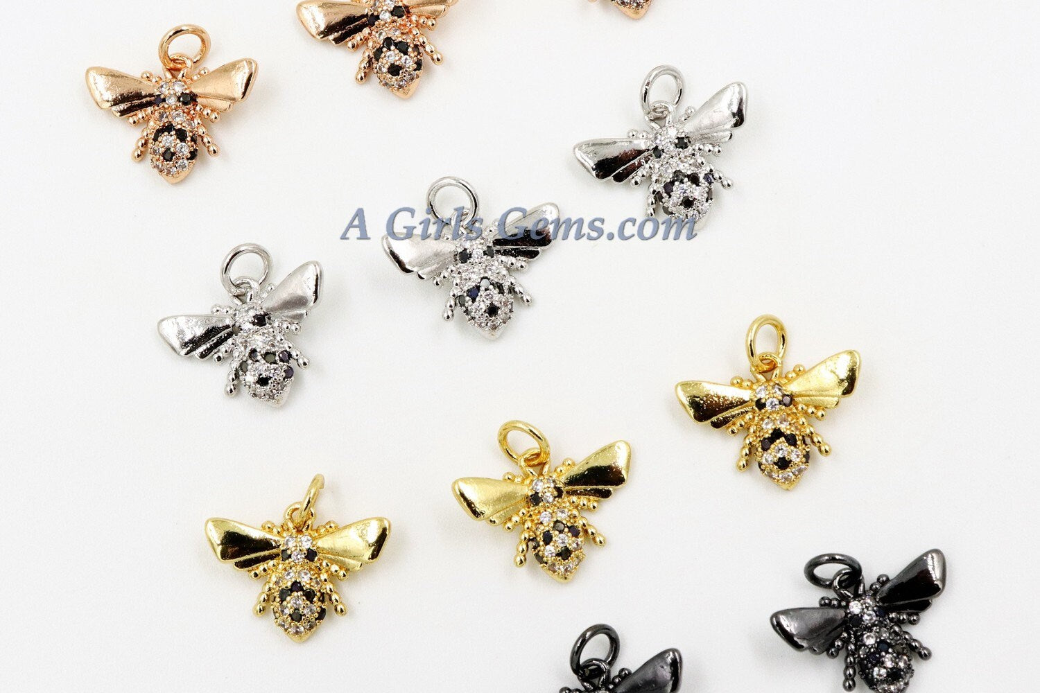 CZ Micro Pave Bee Charms, Tiny Bumble Bee Bracelet Charms Gold/Rose Gold/Black/Silver Insect/Queen/Mary Kay, 11 mm x 15 mm Honey Bee Jewelry