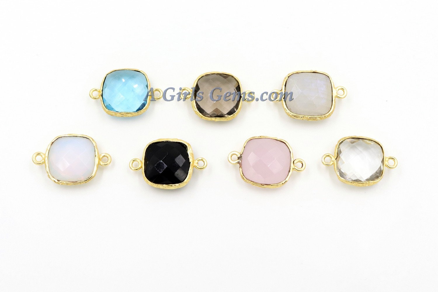 Square Gemstone Connectors, Gold Plated Silver Birthstone Stations