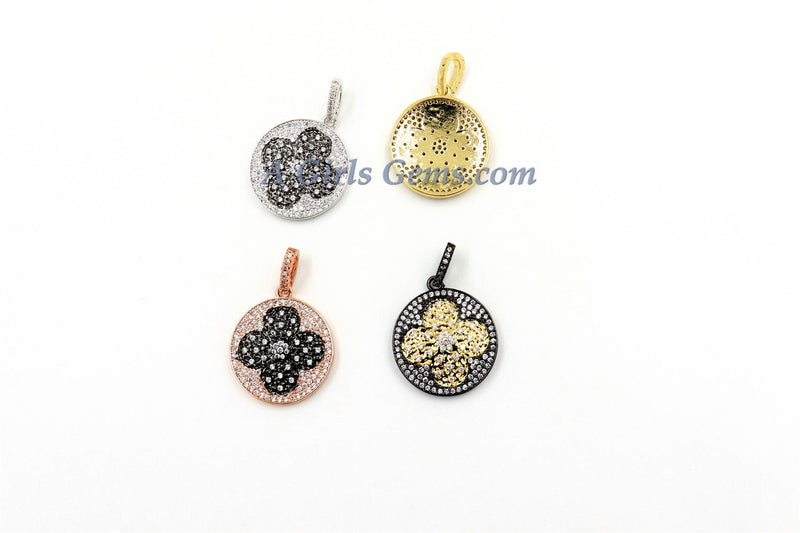 Enamel Flower Pendant, Large or Small CZ Micro Pave Round Disc Multi Color Charms 