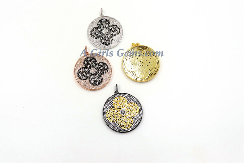 Enamel Flower Pendant, Large or Small CZ Micro Pave Round Disc Multi Color Charms 