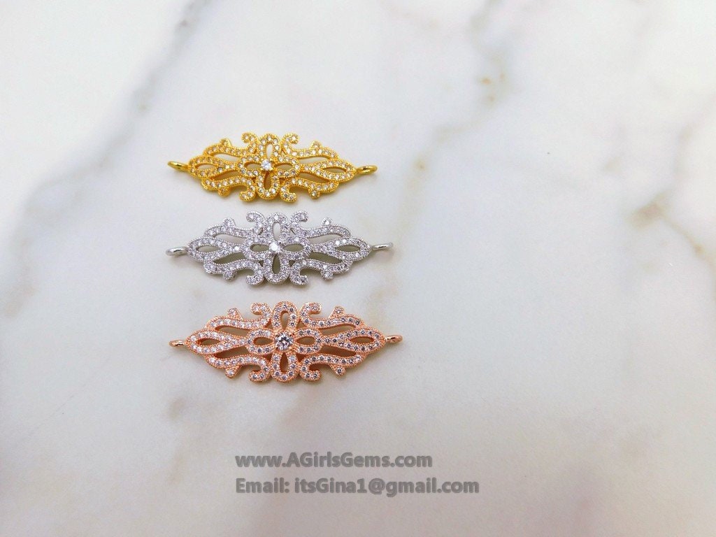 Flower Charm Connectors, CZ Pave Filigree Bracelet Bar Connector, 18 k Rose/Gold/Silver Rhodium Plated Bar Charms, Wedding Party Gift Charms - A Girls Gems