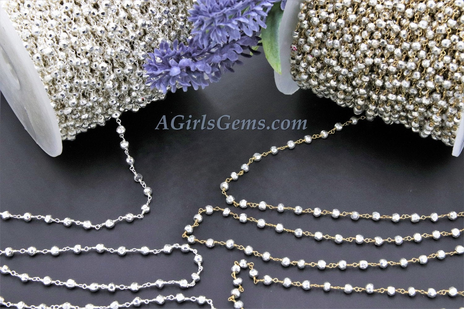 Pyrite Rosary Chain, 4 mm Natural Faceted Bright Silver Pyrite Bead, Quality Wire Wrapped Chains