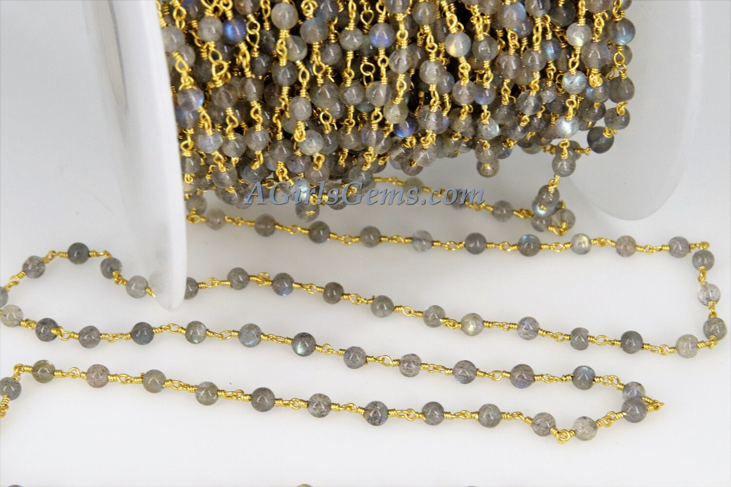 Labradorite Gemstone Rosary Chain,  4 mm Gold Wire Wrapped Chain, Boho Jewelry Chains, 1 5 10 feet Chain Roll Bulk Ships from USA