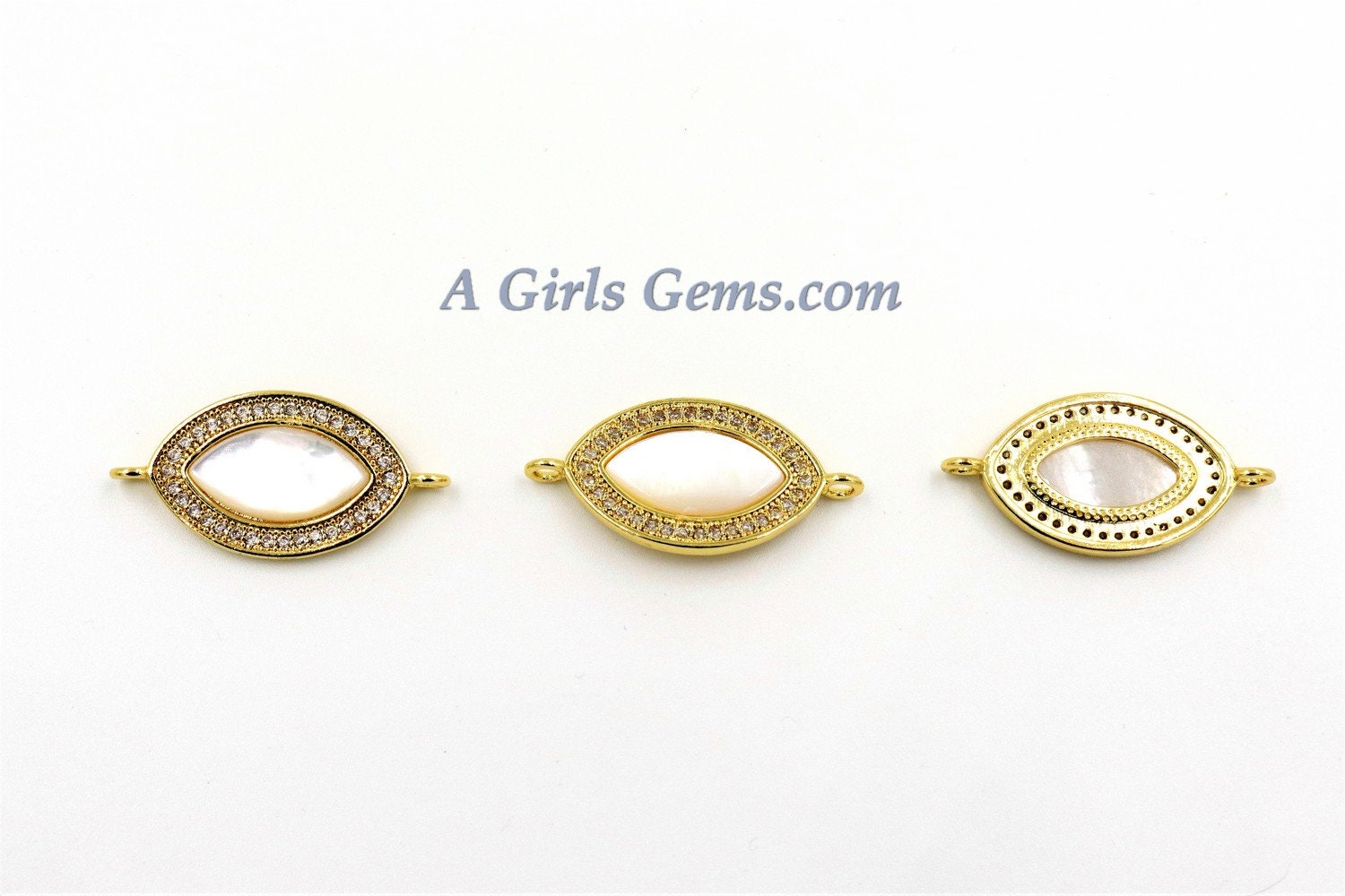 CZ Micro Pave White Pearl Connectors, Mother of Pearl Gold Links for Bracelets, 14 x 24 mm Gold Eye Necklace Connectors