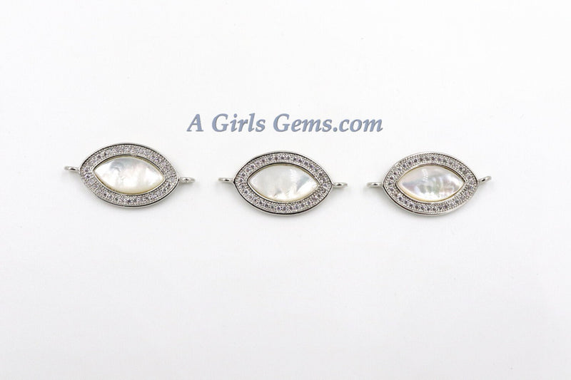 CZ Micro Pave Pearl Connectors, Mother of Pearl Silver Evil Eye Charm 