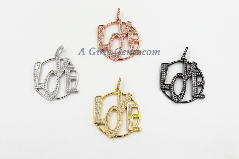 CZ Love Charms, CZ Large Round Bracelet Jewelry Pendants, Cubic Zirconia LOVE for Necklace, 18 k Rose/Silver/Gold or Black Rhodium Plated - A Girls Gems