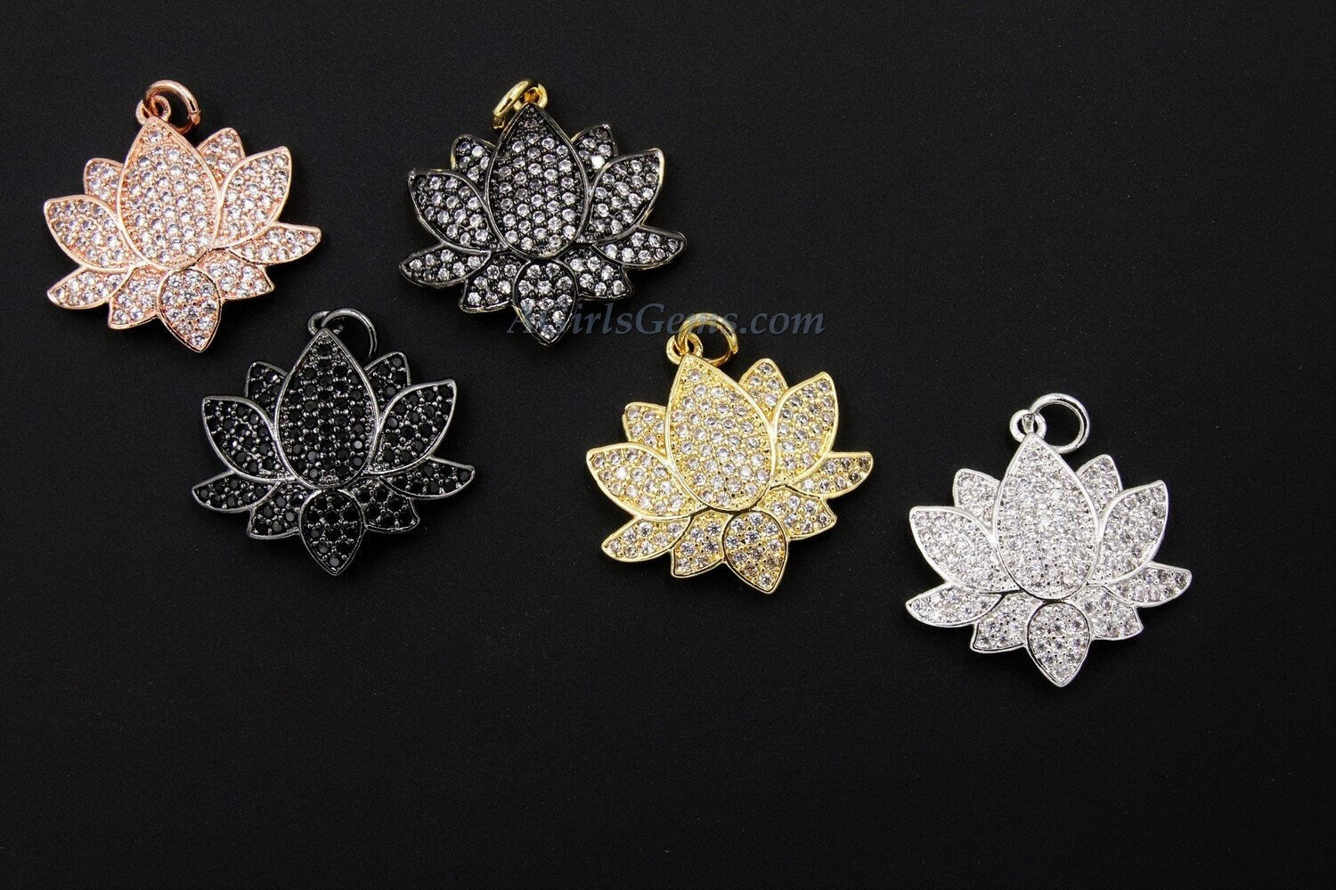 CZ Pave Lotus Flower Charms, Rose Gold, Silver
