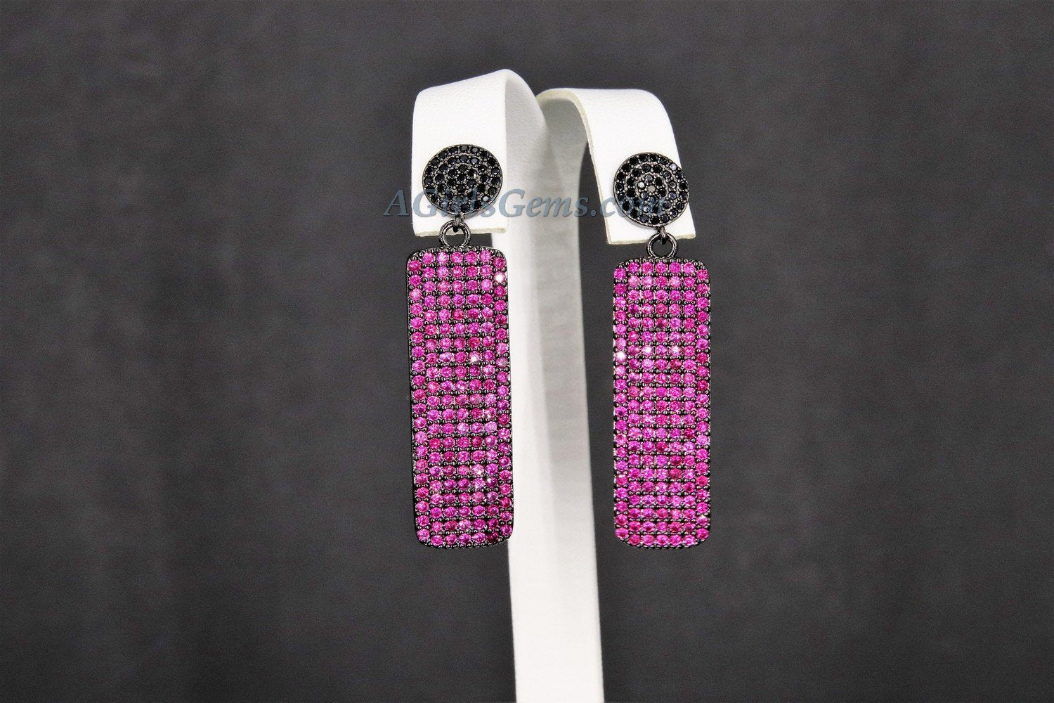 Mardi Gras Jewelry, Pink and Black CZ Pave Stud Earrings, Diamond Pave Fuschia Vertical Bar Earrings  by Regina Harp Designs - A Girls Gems