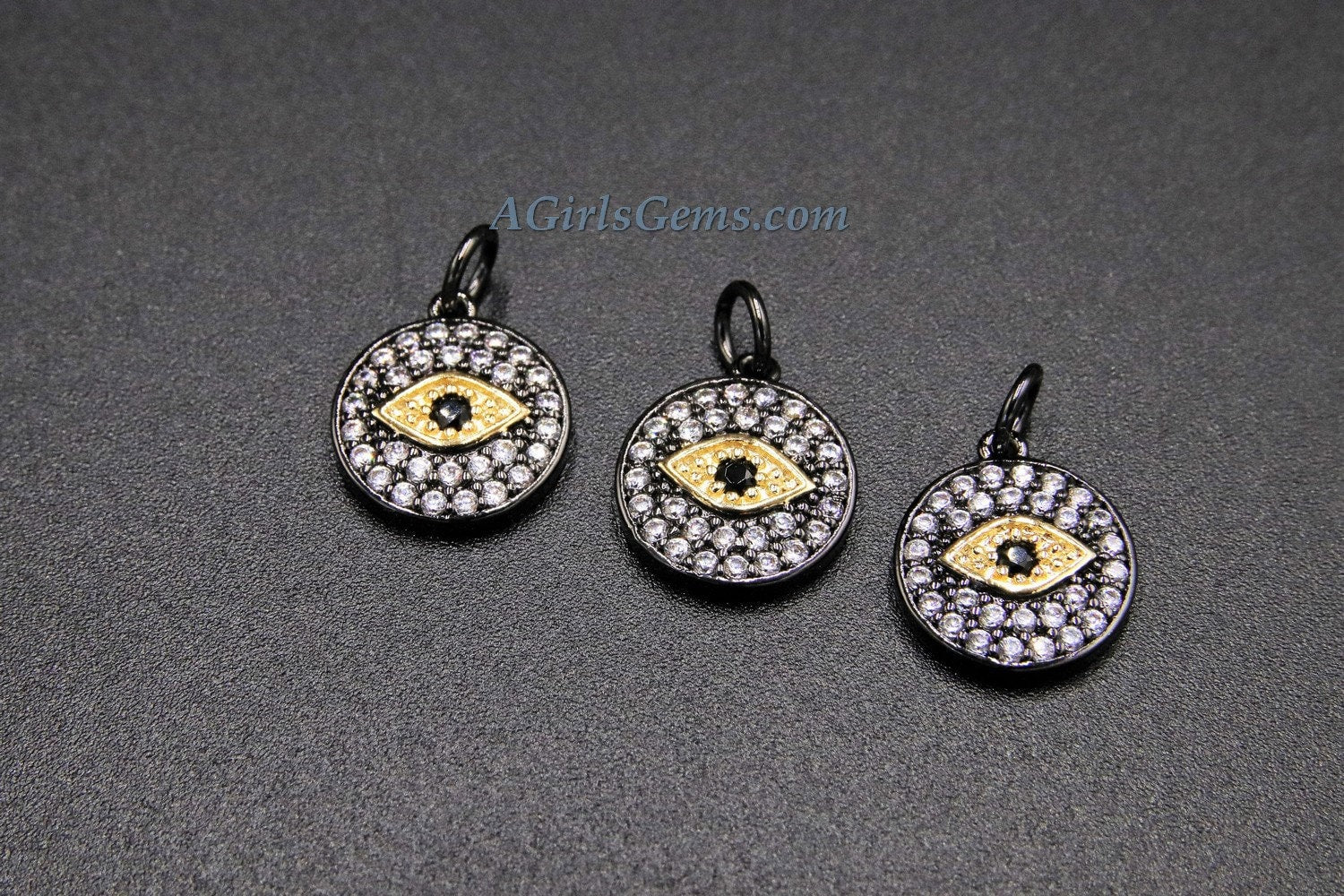 Evil Eye Charm, *NEW* Black and Gold CZ Micro Pave Small Round Disc Charm, 13 x 16 mm Mini Evil Eye for Bracelet Charms