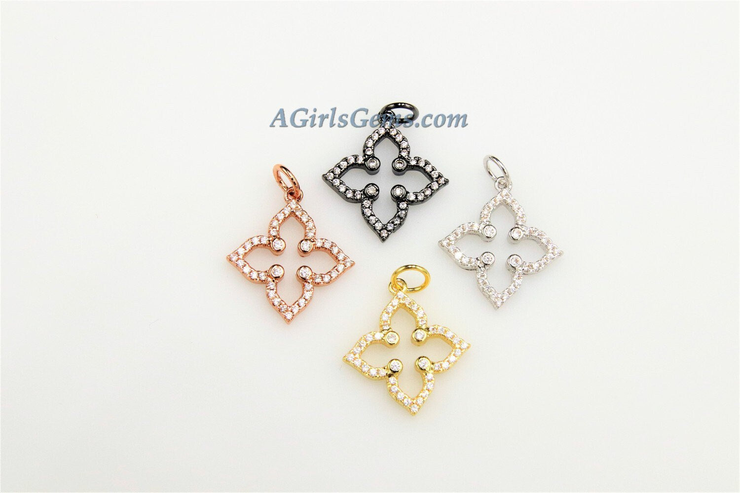 CZ Micro Pave Clover Quatrefoil Charms #59, 18 k Silver/Gold or Black Rhodium Plated CZ Flowers 4 Point Star Necklace/Bracelet Tiny Charms