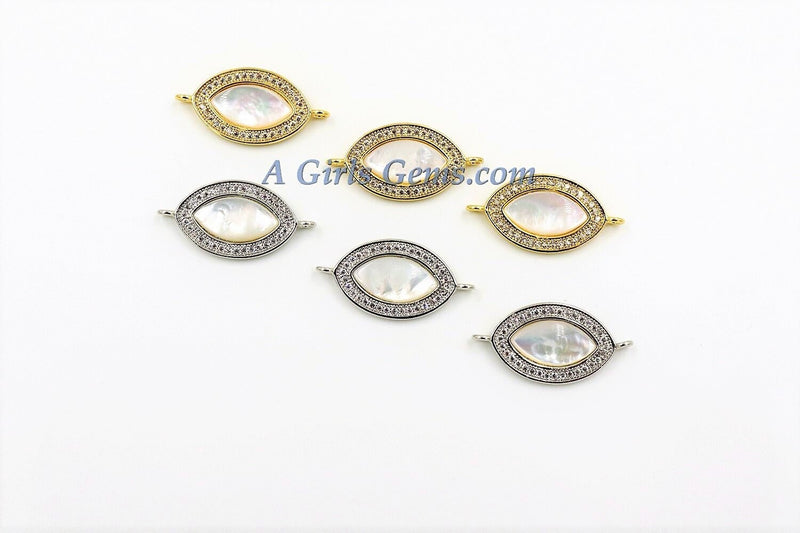CZ Micro Pave Pearl Connectors, Mother of Pearl Silver Evil Eye Charm 