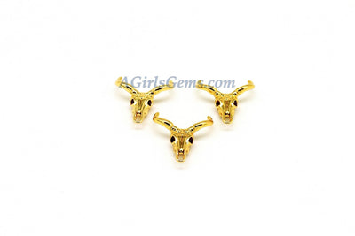 Cow Skull Beads, 2 Pcs Longhorn Charms, Men's Charm Boho Style Texas Gold Plated Cattle, Cowboy Western Jewelry Findings