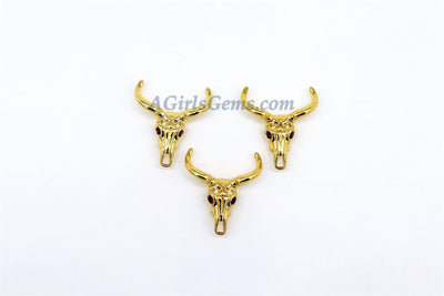 Cow Skull Beads, 2 Pcs Longhorn Charms, Men's Charm Boho Style Texas Gold Plated Cattle, Cowboy Western Jewelry Findings