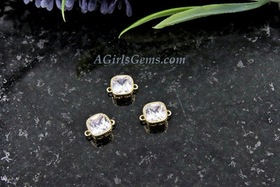 CZ Micro Pave Square Connectors or Charms #320, Cubic Zirconia Tiny Gold Filigree Bezel - A Girls Gems