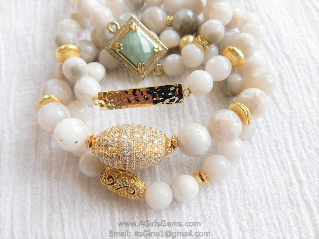 White Agate Bracelet CZ Amazonite Stretchy Stackable Crystal Bracelet by Regina Harp Designs - A Girls Gems