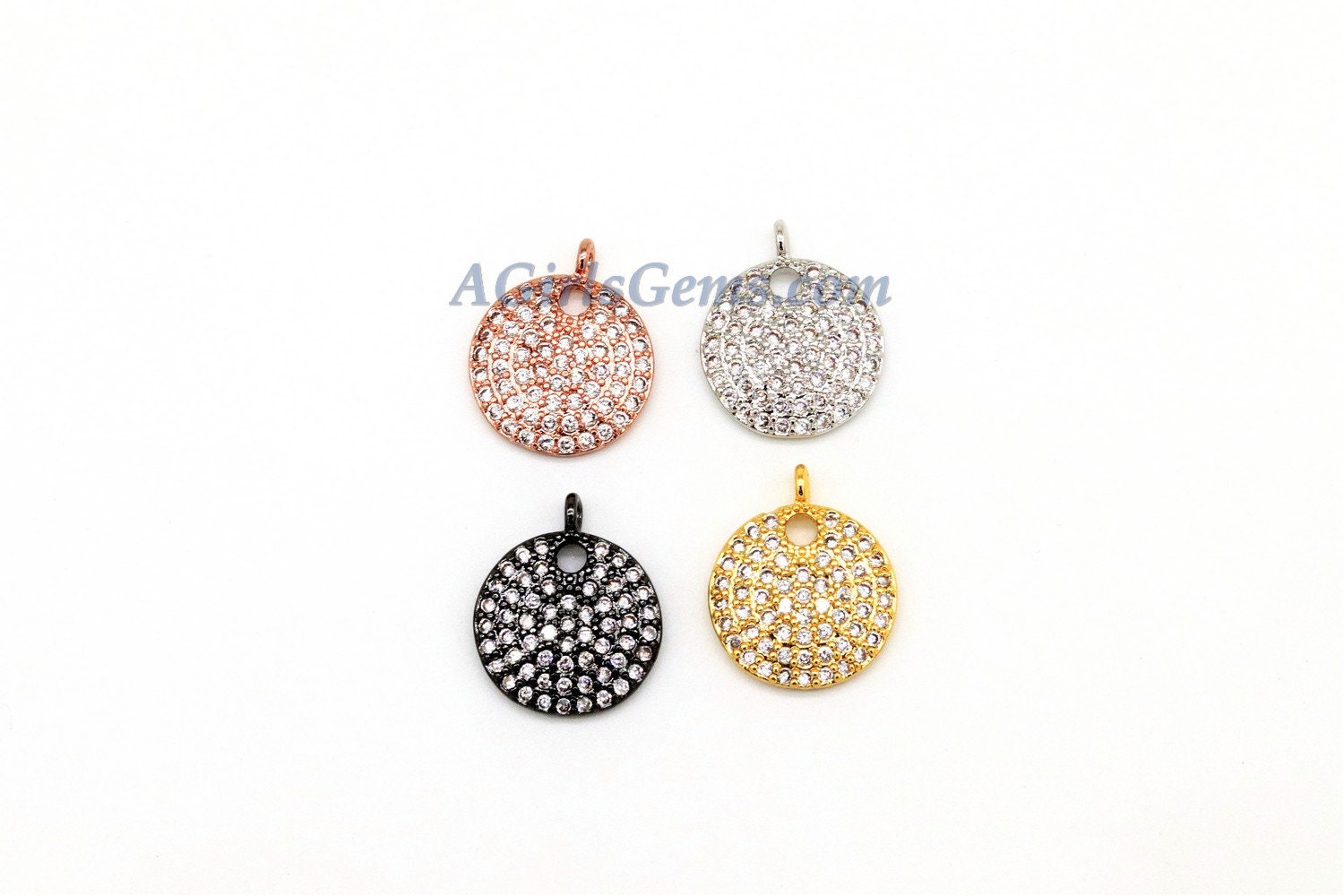 Round Disc Pendant, CZ Micro Pave Charms 13 x 15 mm 18 K Rose, Gold