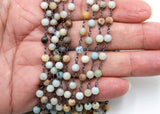 Natural Light Amazonite Gunmetal Rosary Chain, 4 mm Black Wire Wrapped CH #352, Boho Style Chain