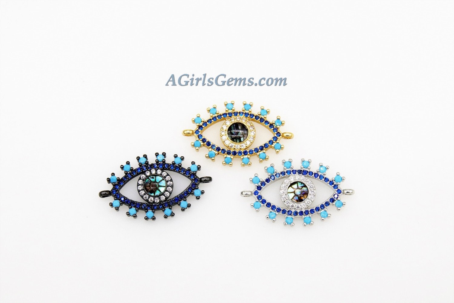 CZ Micro Pave Turquoise Evil Eye Connector, Blue Evil Eye* Bracelet/Necklace Charms Silver/Gold/Black Rhodium Plated Eyes