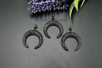Crescent Double Horn Pendant, Black Pave CZ Micro Pave Crescent Moon Charm, Rose, Silver, Gold or Black Rhodium Plated Tribal Moon Charm