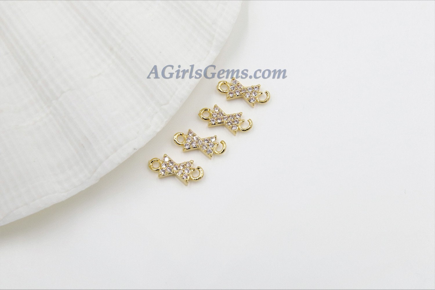 CZ Micro Pave Bow Tie Connector #26, Tiny Hourglass Charm 18 k Gold Plated 4 x 10 mm Ribbon Connector, Tiny CZ Charms for Jewelry Making
