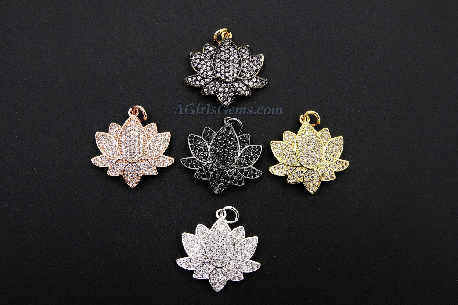 CZ Pave Lotus Flower Charms, Rose Gold, Silver