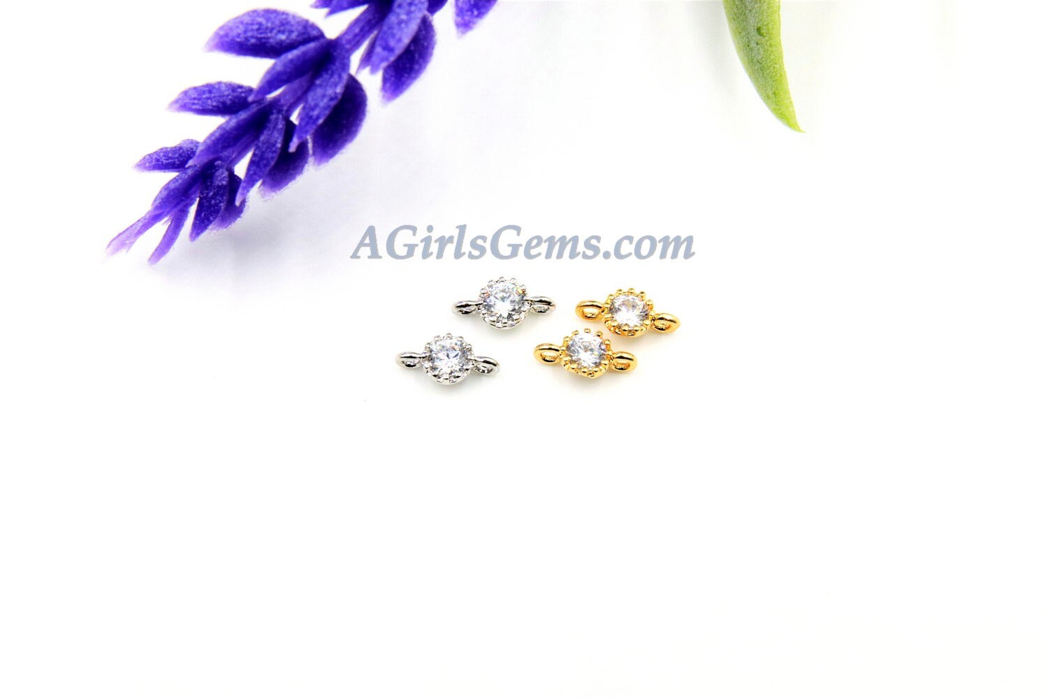 Cubic Zirconia Solitaire Connectors Links - 2 Pcs 4 mm CZ Jewelry Findings #297, 4 x 7 mm Tiny Charms for Earrings/Lariats Cz Micro Pave