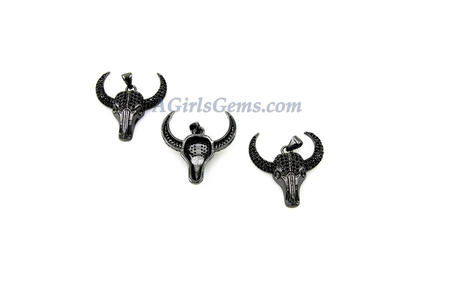 Bull Skull Pendant, CZ Gold Pave Cow Skull Charm - A Girls Gems
