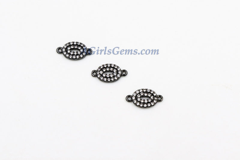Oval Charms Connectors, 2 Pcs/ Gunmetal Black Rhodium Plated CZ Micro Pave Oval Teardrop Connector 7 x 13 mm, Egg Bead Necklace Charms