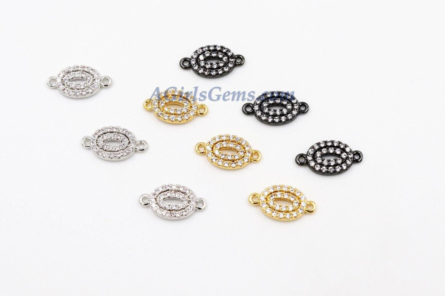 Oval Charms Connectors, 2 Pcs/Silver Rhodium Plated CZ Micro Pave Egg Bead Oval Bracelet Connector 7 x 13 mm, Egg Bead Necklace Charms