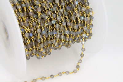 Labradorite Gemstone Rosary Chain,  4 mm Gold Wire Wrapped Chain, Boho Jewelry Chains, 1 5 10 feet Chain Roll Bulk Ships from USA