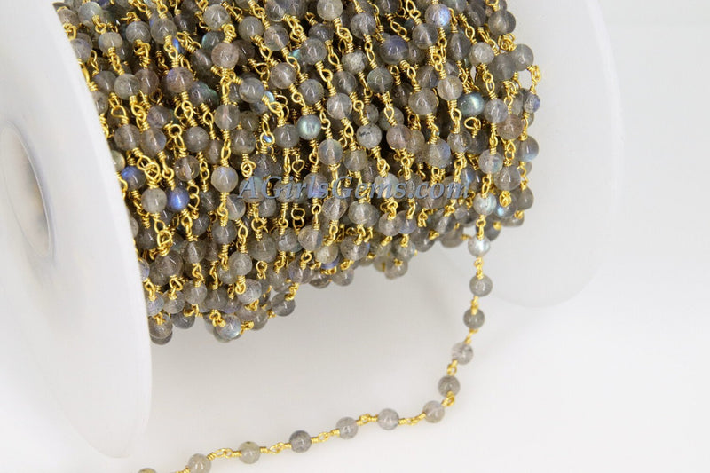 Labradorite Gemstone Rosary Chain,  4 mm Gold Wire Wrapped Chain, Boho Jewelry Chains, 1 5 10 feet Chain Roll Bulk Ships from USA