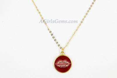 Enamel Pendant Red Lips Charms, CZ Micro Pave Kisses Charms in 18 k Gold/Black Rhodium Round Circle 18 mm Disc *Cute* Red Burgundy *Love* - A Girls Gems