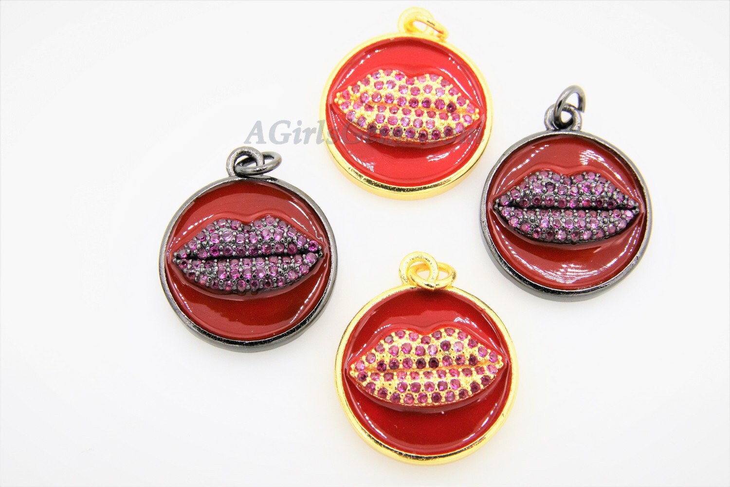 Enamel Pendant Red Lips Charms, CZ Micro Pave Kiss Charms in 18 k Gold/Black Rhodium #31, Round Circle 18 mm Disc *Cute* Red Burgundy *Love*
